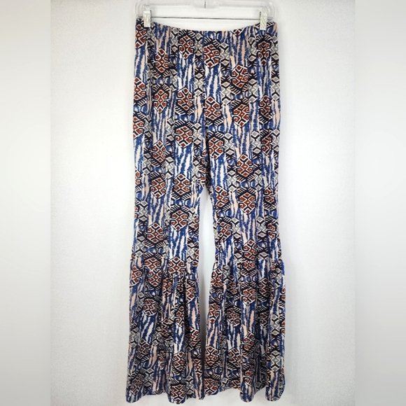 Yemaga Women's Blue & Rust Bohemian Yoga Strechy Patterned Flared Pants, sz 1XL - Picture 1 of 9